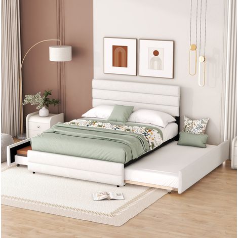 Cama doble tapizada con cajones y arrastre beige OKMYHOME (1/5)