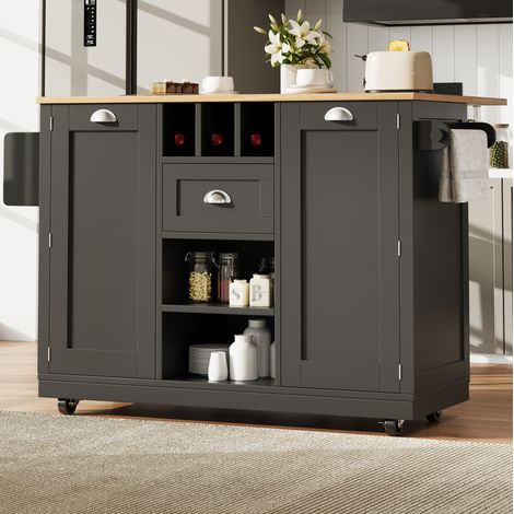 Isola cucina 140/70/93,5 cm nera con piano pieghevole, ruote e portabottiglie (1/5)