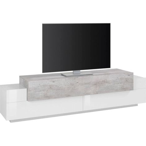 Dmora Mueble para TV para sala de estar, Made in Italy, Mueble para TV con 3 puertas y estantes, cm 200x45h52, Blanco brillante y color cemento, con embalaje reforzado