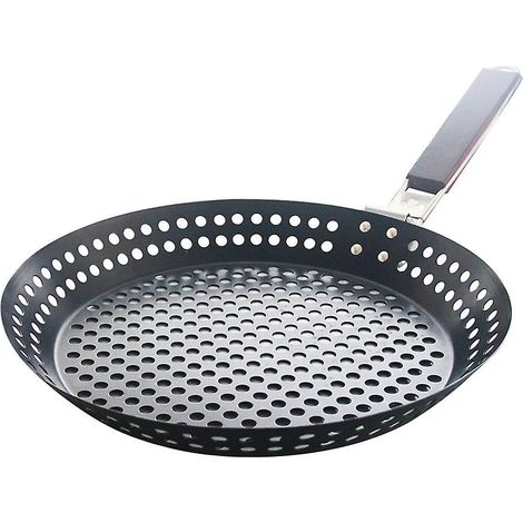 Poêle à griller antiadhésive en métal avec manche en bois pliable, grille perforée et grille amovible