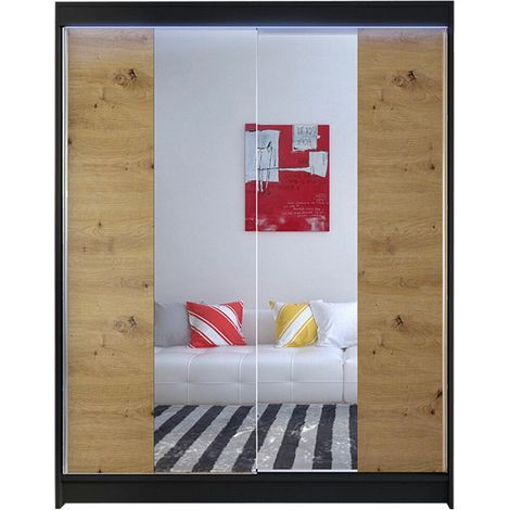 Armoire Closico Vastor II, Noir + Chêne Artisan, 200x150x58cm, Portes d'armoire: Coulissantes, Nombre d'étagères: 5, LED: Disponible (1/4)