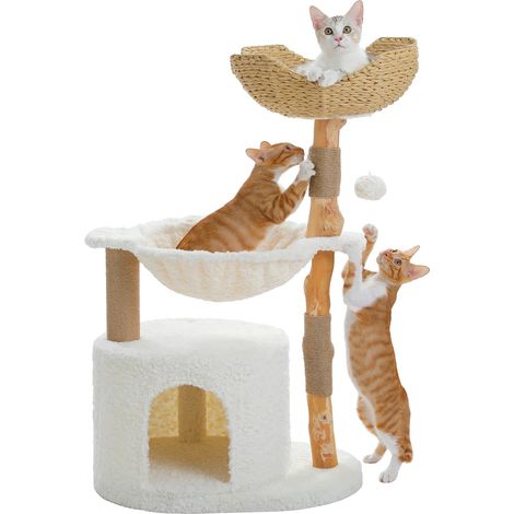 Arbre à chat, construction en bois massif, panier en osier spacieux, AMT0285WE, L (1/2)