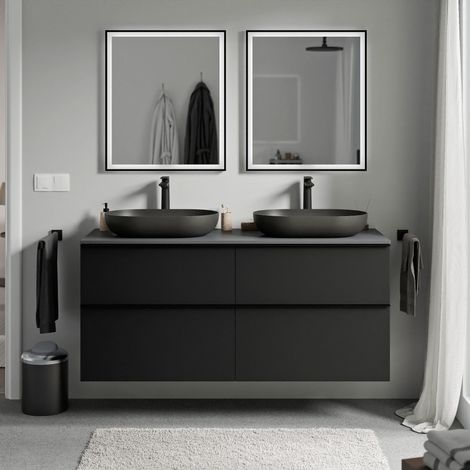 BERNSTEIN - Mueble lavabo suspendido MDF negro mate, encimera de lavabo antracita mate, tirador negro mate 140x46x62cm - LAVOA Negro mate, Negro mate, antracita mate