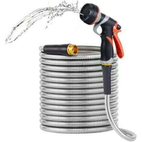25FT Tuyau d'arrosage en acier inoxydable avec construction durable, buse réglable, résistance aux plis et sangle de rangement pratique (1/4)