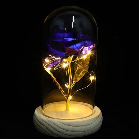 Ornement de Fleur Éternelle avec Lumière LED sous Dôme en Verre Bleu, Décoration Solide en Bois et Plastique pour Maison, Lampe Décorative sans Pile (1/5)