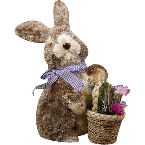 Künstlicher Strohhase mit Blumenstrauß, Osterdekoration, stehender Hase für D