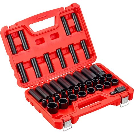 Jeu de douilles à choc 1/2", 39 pièces, 6 pans, profondes et courtes, métriques 9 à 30 mm, acier Cr-V, avec joint universel, marquage double, coffret robuste. (1/5)