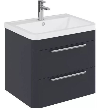 Balterley Calwich Contemporary Bathroom Wall Hung Vanity Unit with 2 Soft Close Drawers & 1 Tap Hole Ceramic Basin, Dark Grey, 600mm