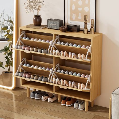 Zapatero de ratán madera 4 cajones abatibles 100x25x90cm estilo rústico con tiradores metal para entrada dormitorio salón (1/5)