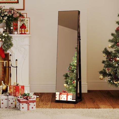 Armoire à Bijoux Pivotante à 360° avec Miroir Pleine Longueur & Étagères Arrière Miroir avec Éclairage 3 Boîtes en Acrylique Marron Rustique (1/3)
