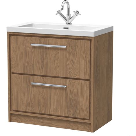 Longnor 2 Drawer Floor Standing Vanity Unit with 1 Tap Hole Modern Fireclay Basin, Antique Oak, 800mm