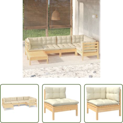 Terrassensofa - 6-tlg. Garten-Lounge-Set mit Creme Kissen Massivholz Kiefer (1/5)