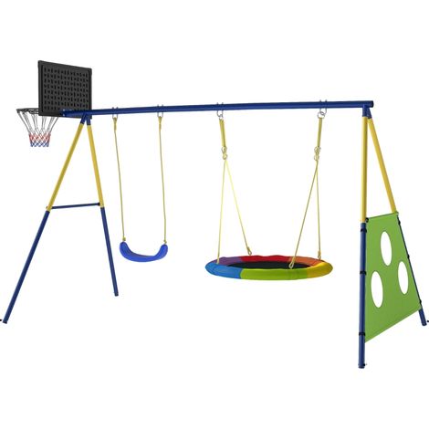 Altalena per bambini 4 in 1 con altalena a nido, canestro da basket e porta da calcio, area giochi, multicolore (1/5)