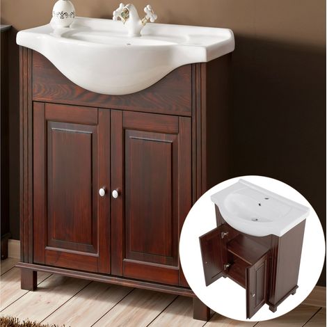 Waschtischunterschrank 65 cm mit Keramikbecken AVEIRO-56, Pinie Massivholz braun, B/H/T ca. 65/83/44 cm (1/5)