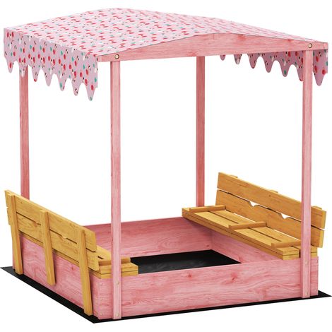 Bac à sable en bois avec couvercle, bac à sable enfant extérieur avec siège pliable toile imprimée flamants roses