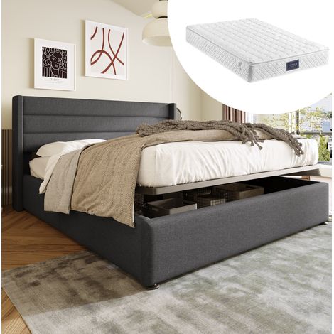 Bett mit Stauraum modern 160x200 cm grau, Leinenbezug, gepolstertes Kopfteil, hydraulischer Lattenrost mit Matratze (1/5)