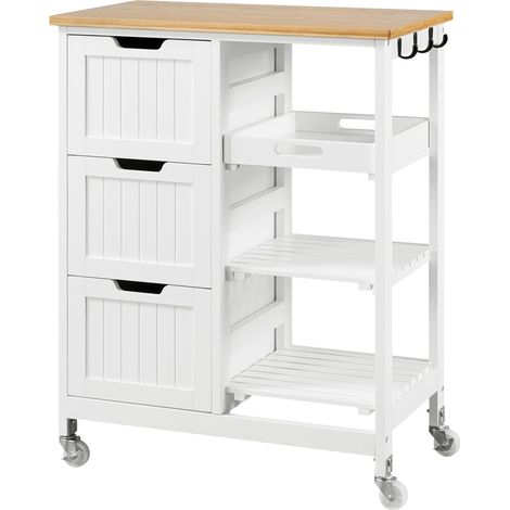 Homevive Carro de Cocina de Madera con Ruedas Carro de Almacenamiento con 3 Cajones 3 Estantes Ganchos para Cocina Salón Balcón Jardín Blanco (1/5)