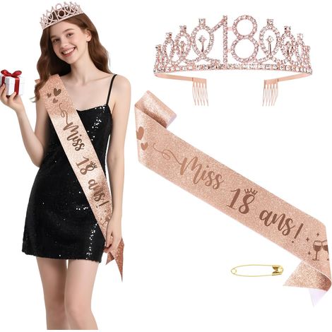 Décoration anniversaire 18 ans, ruban "Happy Birthday Miss 18 ans" et couronne en strass, accessoire cheveux rose doré pour fille, cadeau joyeux anniversaire, fête d'anniversaire de fille (1/5)