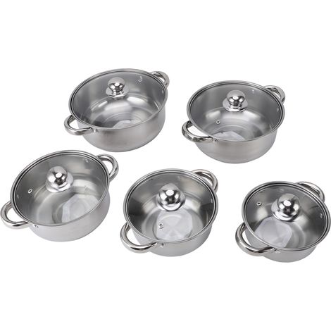 Ensemble de 5 pièces de batterie de cuisine en acier inoxydable : casserole avec couvercle en verre, marmite et pot à soupe avec 2 poignées, compatible lave-vaisselle. (1/5)