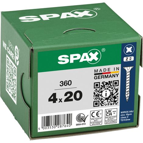 SPAX Vis universelle, 4 x 20 mm, 360 pièces, Tête centrante, Tête fraisée, Cruciforme Z2, 4CUT, WIROX - 8000000287640