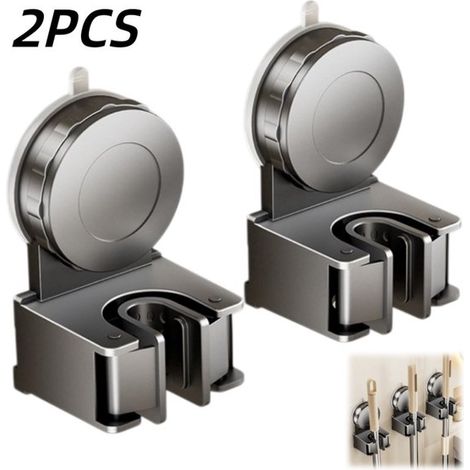 2-teiliges Set – Mopphalter – Mopphaken – mit Saugnapf – kein Bohren erforderlich – Aufbewahrungszubehör – Universalgröße – geeignet zur Aufbewahrung von Mopps und Besen – Grau – 6,6 x 5,5 x 10,8 cm (1/5)