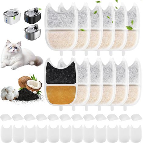 Lot de 12 Filtres pour Fontaine à Eau Chat et 24 Mousses de Remplacement, Filtre Fontaine Eau Chat pour Fontaine à Eau Chat 4L, Compatible pour FEELNEEDY Fontaine à Eau Chat Sans Fil pour YPD-C004 (1/5)