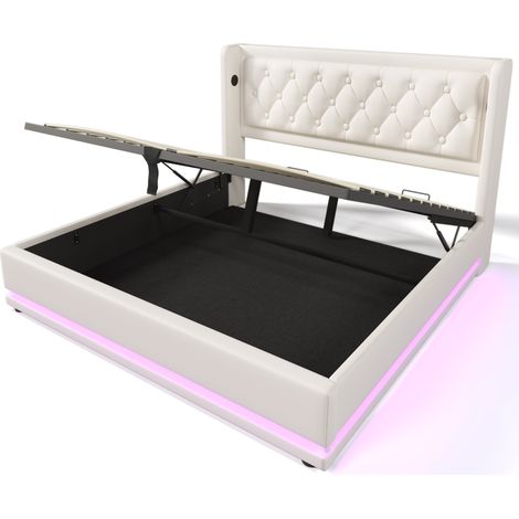 Lit double capitonné 160x200 cm blanc en PU avec coffre hydraulique, ports USB Type-C et LED 3 côtés (1/5)