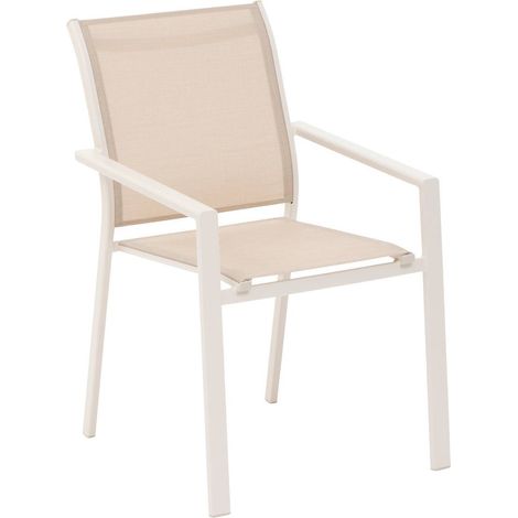 Hesperide – Fauteuil de jardin empilable en aluminium traité époxy – Coloris lin/argile – Accoudoirs inclinés pour rangement facile – Dimensions 56x63x88cm