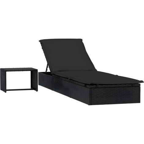 Transat chaise longue bain de soleil avec table résine tressée noir (1/5)