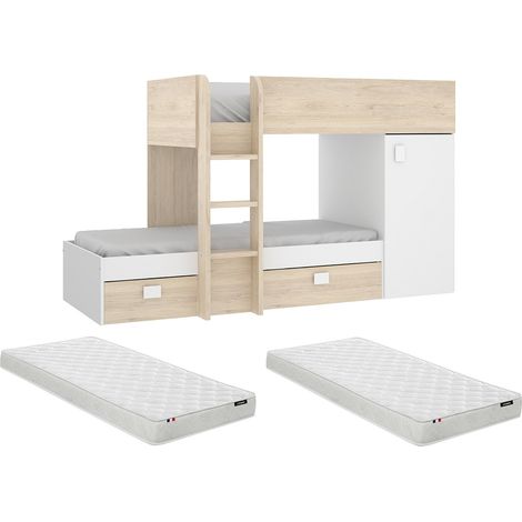 Letto a castello ad angolo reversibile - Vani portaoggetti integrati 2 x 90 x 190 cm Rovere e Bianco + materasso - RICARDO (1/5)
