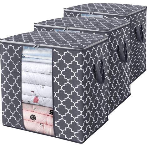 Sacs de rangement [Lot de 3 x 100 L] Grands conteneurs de rangement pour vêtements, couvertures, couettes et linge de lit, organisateur pliable avec poignée renforcée, fenêtre transparente, fermetures (1/5)