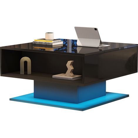 Table basse 80 x 75 x 40 cm avec système hydraulique, haute brillance, rangement semi-ouvert, design géométrique,Noir