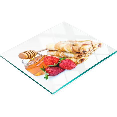 Tabla de cortar de vidrio decorativa para cocina con dise帽o de deliciosos panqueques, 60x52 cm.