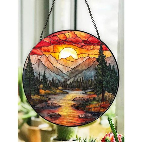 Attrape-soleil vitrail montagne 16 cm, décoration fenêtre, vitrail paysage