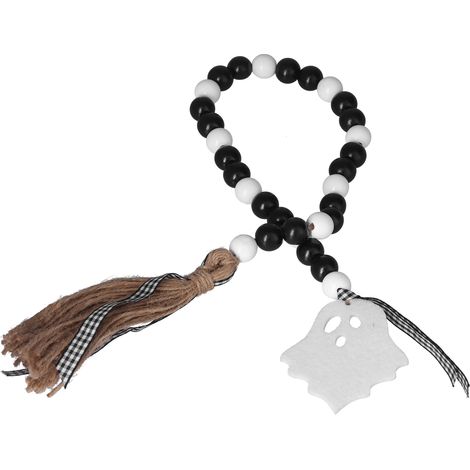Guirlande de perles en bois noir et blanc avec pompons pour Halloween, décoration de maison et fêtes. (1/5)