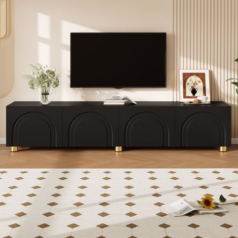 Meuble TV bas 180x35x40 cm, 4 portes à façades en relief arqué 3D, meuble de rangement, pieds en métal, MDF et panneaux de particules, noir (1/5)