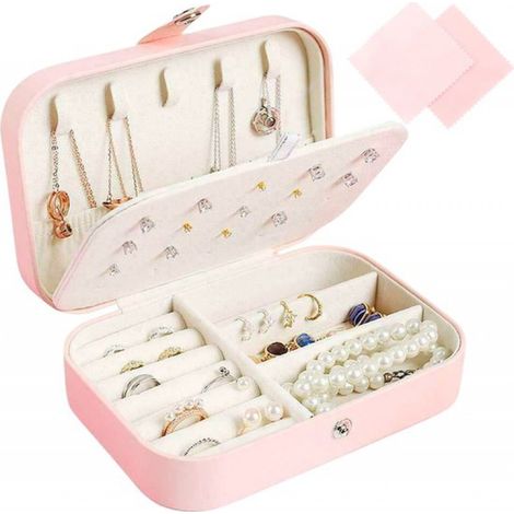 Coffret à bijoux de luxe pour femme avec miroir et fermeture à pression – Rose – Organisateur de bijoux de voyage compact – Inclut 2 chiffons de polissage – Idée cadeau (1/5)