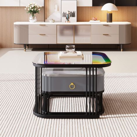 Table basse empilable : plateau en verre et fini marbre brillant, pieds noirs, table d'appoint avec tiroirs, lot de 2 (1/5)