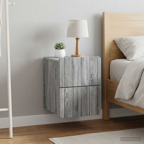 Ensemble de 2 tables de chevet murales avec tiroirs en bois d’ingénierie gris Sonoma, 33 x 34,5 x 43 cm - PANGIVO (1/5)