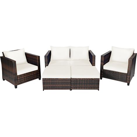 COSTWAY 5 Pieces Outdoor Rattan Patio Furniture Set with Removable Cushions Grey (1/5)