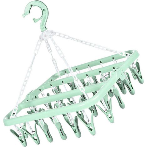 Cintre pliable à 32 pinces, en plastique pour adultes, avec pinces multiples, pour chaussettes d'enfants et de bébés, séchoir à linge, résistant au vent, modèle A, vert nordique C0NCP (1/5)