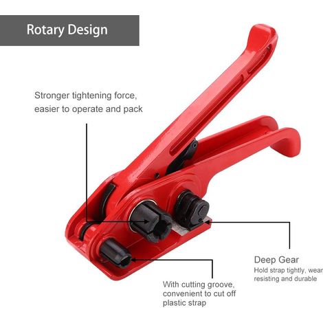 Manueller Umreifungsbandspanner, Verpackungszange, Umreifungsmaschine, Versiegelungskombinationswerkzeug, Bindeschneider für 1619 mm PET/PP-Band (rot)