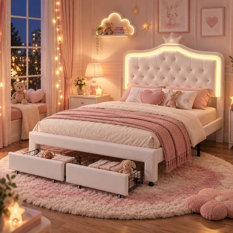 Lit Enfant Fille 140x200 cm avec 2 Tiroirs, Lit Double avec LED, Tête de Lit Couronne Hauteur Réglable, Sommier à Lattes, PU Blanc (1/5)