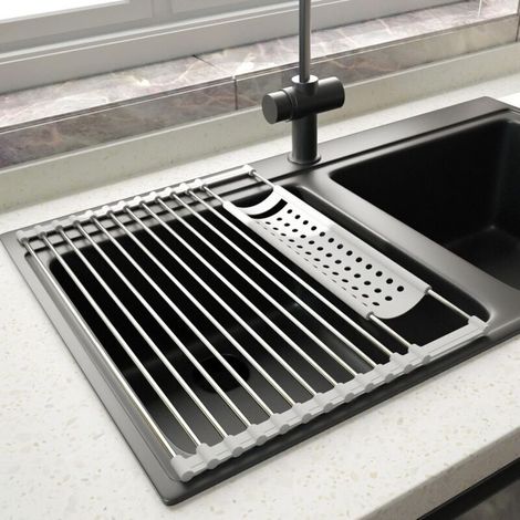 Egouttoir Vaisselle INOX Cuisine Séchoir à Rouleaux Repliable et Amovible en Acier Inoxydable pour Évier Panier en Filet drainant 43CM33CM Gris (1/5)