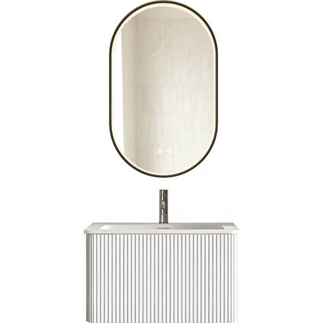 Hängendes Badmöbel-Set Weiß 60 cm mit integriertem Waschbecken und ovalem LED-Spiegel (1/5)