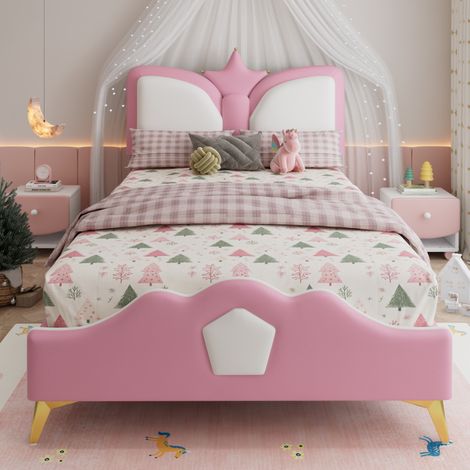 Letto per bambini imbottito in PU rosa e bianco 90x200 cm con testiera a corona (1/5)