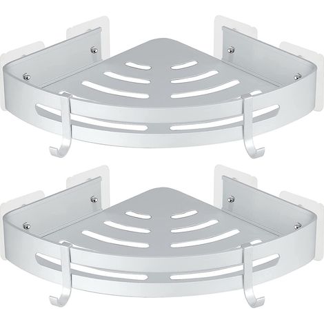 Étagères d'angle de douche à 2 niveaux, 2 paniers de douche en aluminium auto-adhésifs, étagère de rangement murale triangulaire pour salle de bain - Argent (1/5)