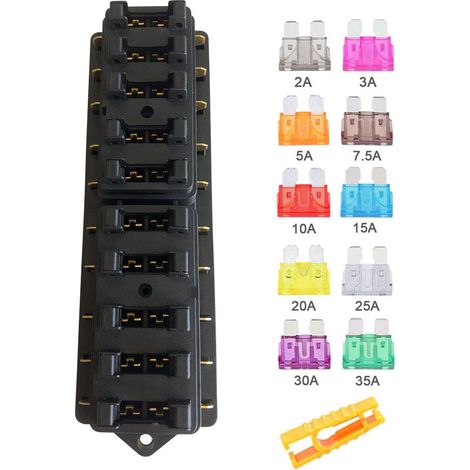 10 Voies Boîte à Fusibles de Voiture, 12V / 24V / 32V / 48V Porte-Fusible à Lame Standard Universel, avec Couverture Étanche et 10 Pièces Fusibles à Lame, pour Voiture Camion Bateau Marine (1/5)
