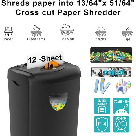 Destructeur de documents à coupe croisée 12 feuilles avec grand bac de 21 litres - Niveau de sécurité P-4, 3 modes de destruction pour cartes, CD, agrafes et trombones - Système anti-bourrage pour bur