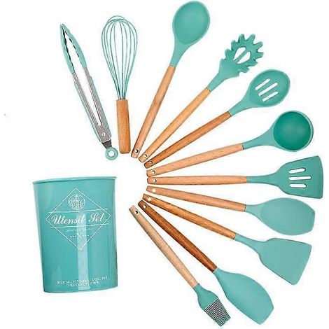12-teiliges Küchenutensilien-Set aus antihaftbeschichtetem Silikon, mit Aufbewahrungseimer, stabilem Holzgriff, hitzebeständigem Silikonspatel und -löffel. (1/4)